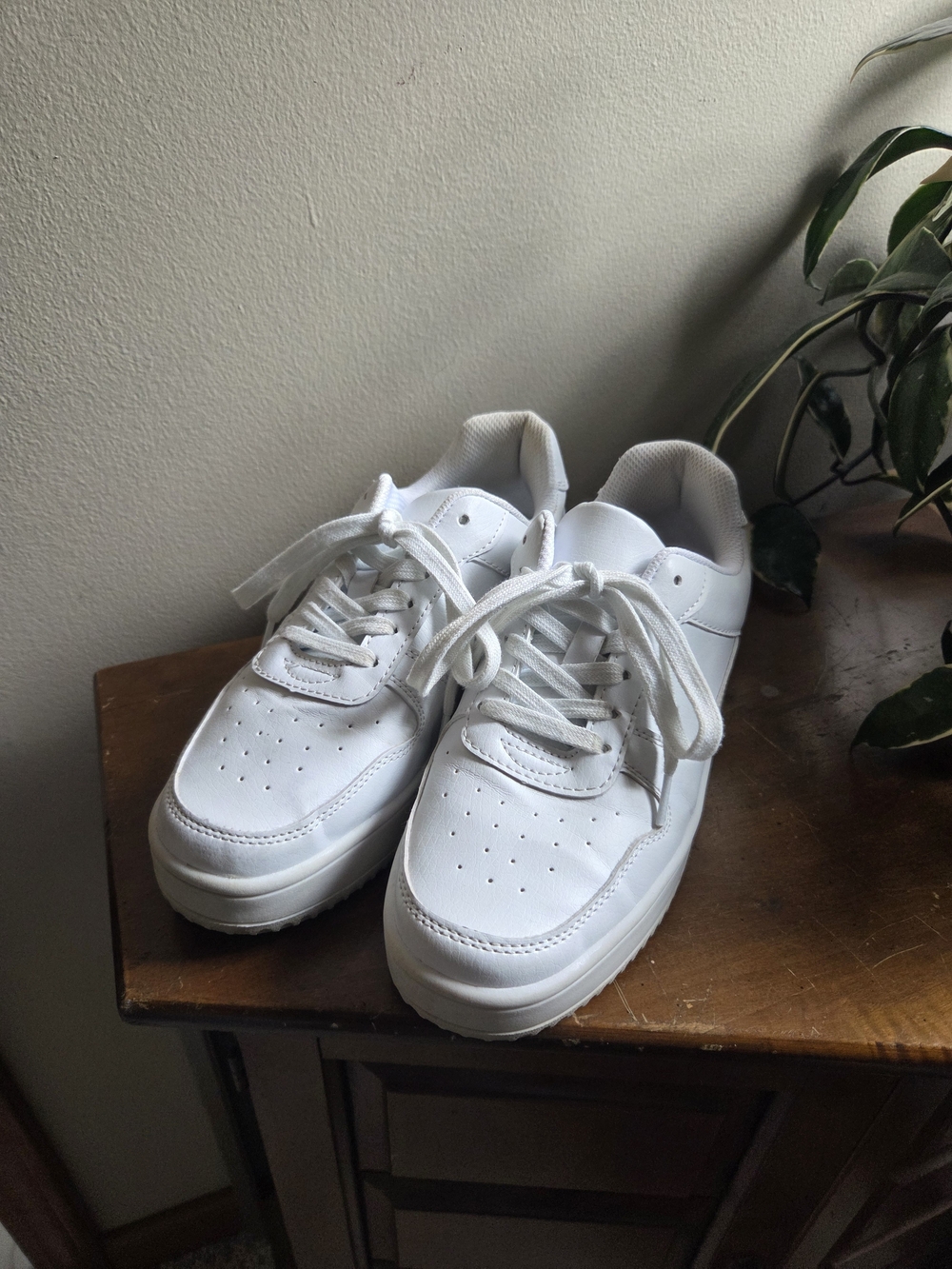 Classic All-White Faux Leather Low Top Sneakers